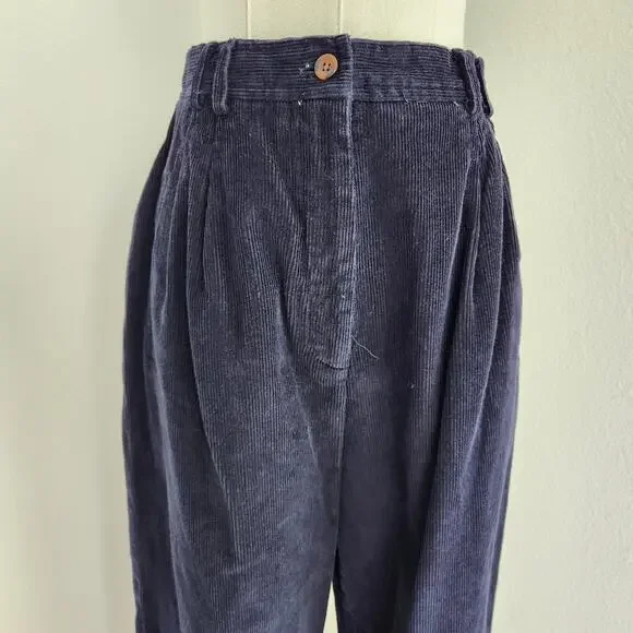 Vintage 80s Navy Blue Corduroy High Rise Pleated Trousers Straight Leg Pants M - Picture 2 of 9